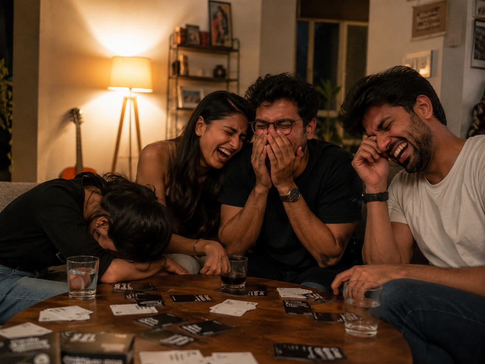 Friends high-fiving over a card game