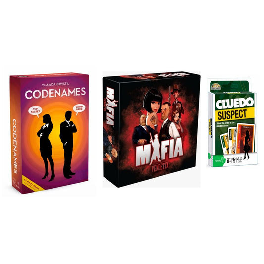 Ultimate Mystery & Deduction Combo – Codenames + Mafia Vendetta + Cluedo Suspect