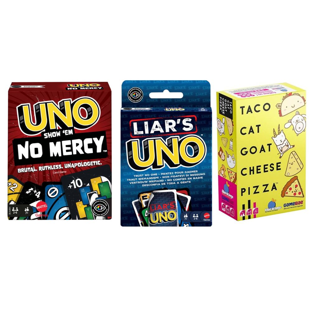 Crazy Card Game Combo – Uno No Mercy + Liar's Uno + Taco Cat Goat Cheese Pizza