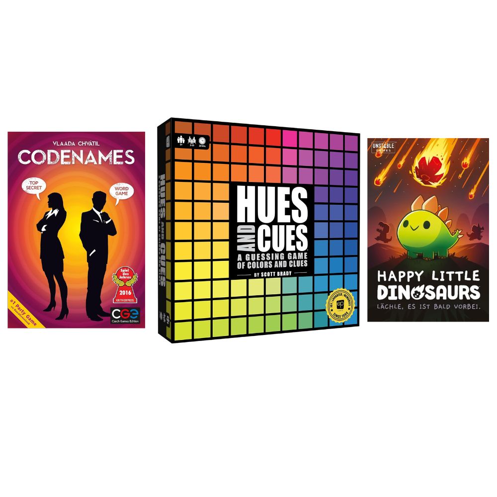 Big Group Party Combo – Codenames Party + Hues and Cues + Happy Little Dinosaurs